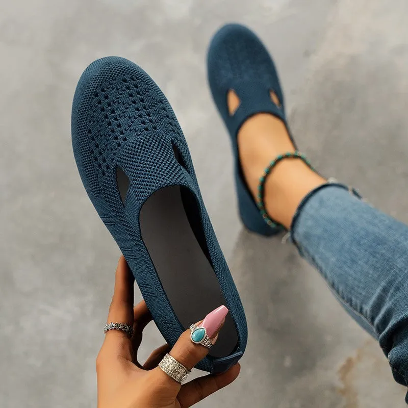 Women Knitted Flat  Comfy Round Toe Hollow Out Slip On Shoes