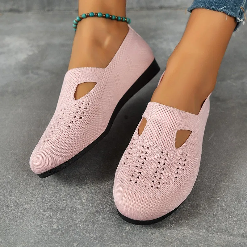 Women Knitted Flat  Comfy Round Toe Hollow Out Slip On Shoes