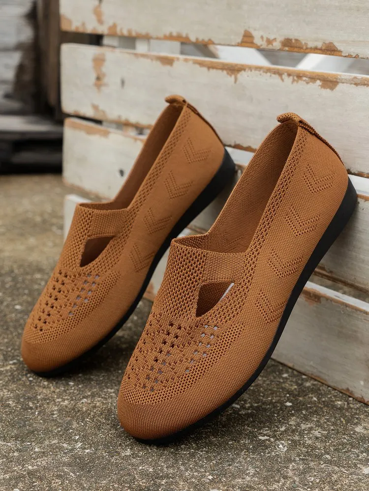 Women Knitted Flat  Comfy Round Toe Hollow Out Slip On Shoes