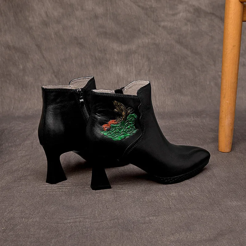 Women's Genuine Cow Leather Short Boots With Embroidery Flowers in Black