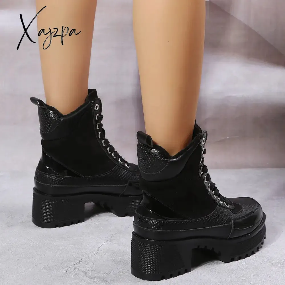 Xajzpa - Platform Chunky Heel Warm Booties Lace Up Fur Lining Ankle Boots