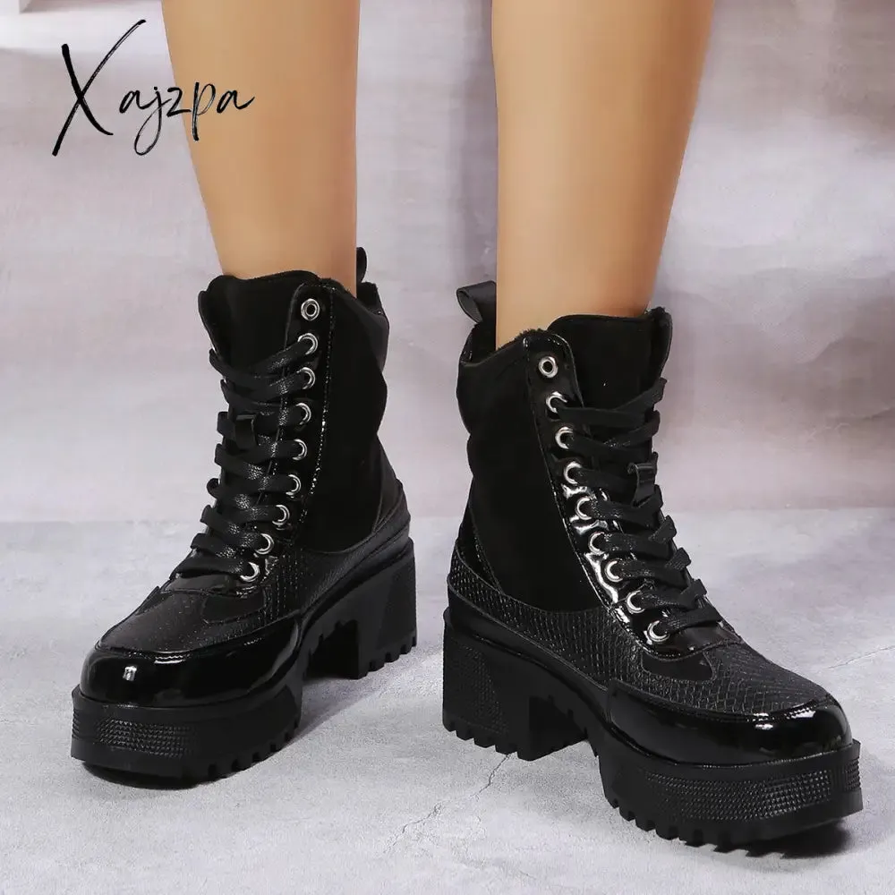 Xajzpa - Platform Chunky Heel Warm Booties Lace Up Fur Lining Ankle Boots