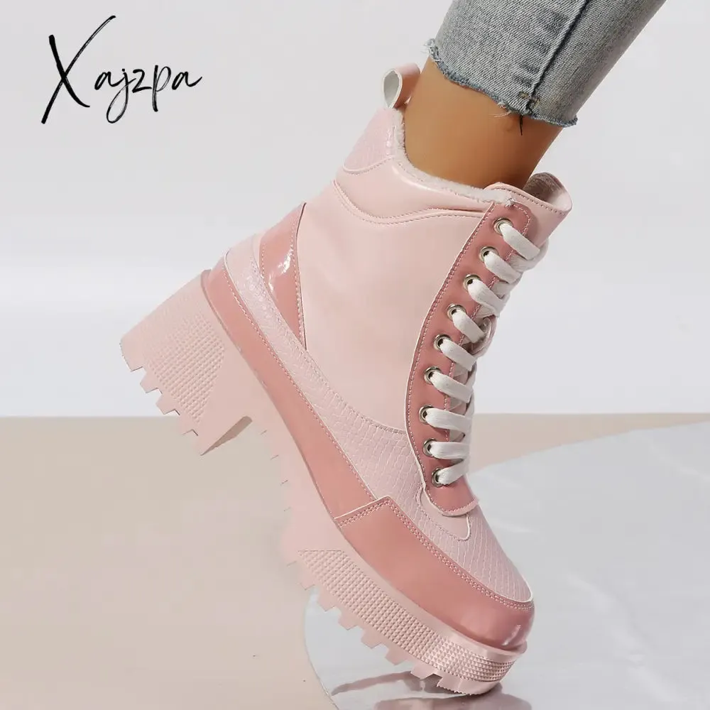 Xajzpa - Platform Chunky Heel Warm Booties Lace Up Fur Lining Ankle Boots