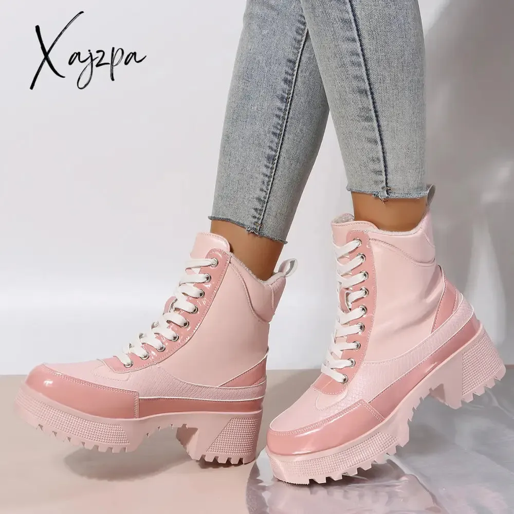 Xajzpa - Platform Chunky Heel Warm Booties Lace Up Fur Lining Ankle Boots