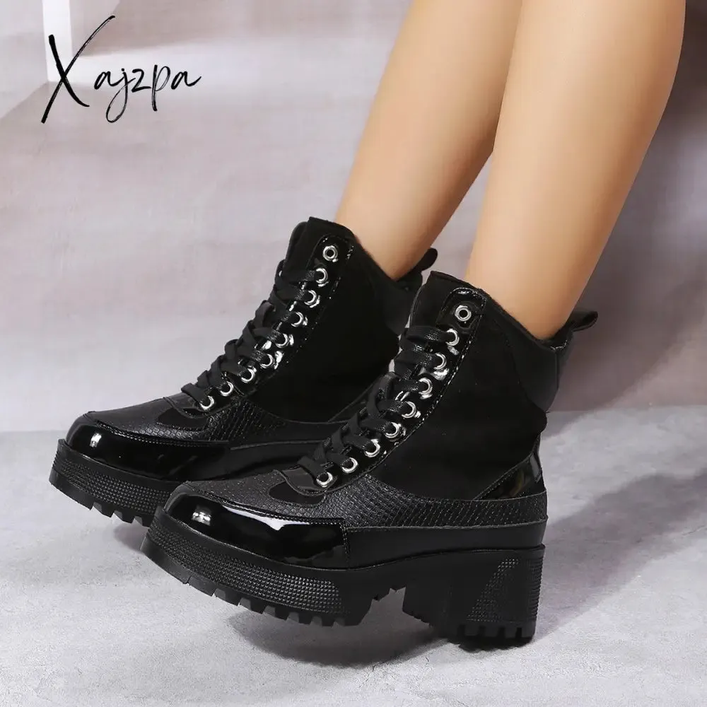 Xajzpa - Platform Chunky Heel Warm Booties Lace Up Fur Lining Ankle Boots